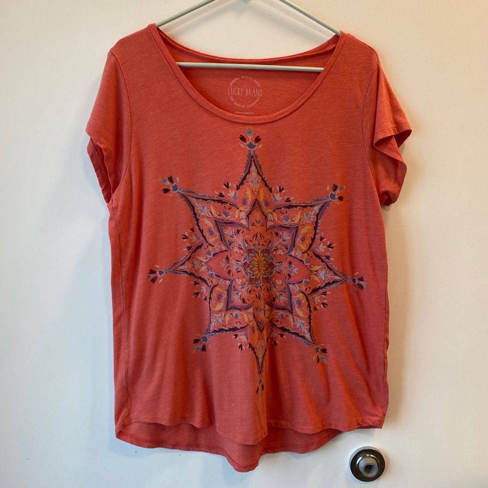 Lucky Brand Graphic Tee Women XL Coral Pink Mandala Star Boho Slub Knit Top